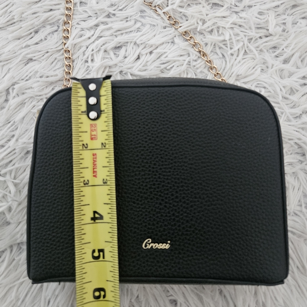 NWOT Crossi New York Boxy Bow Black Crossbody Bag Gold Chain Strap Faux Leather - Picture 10 of 13